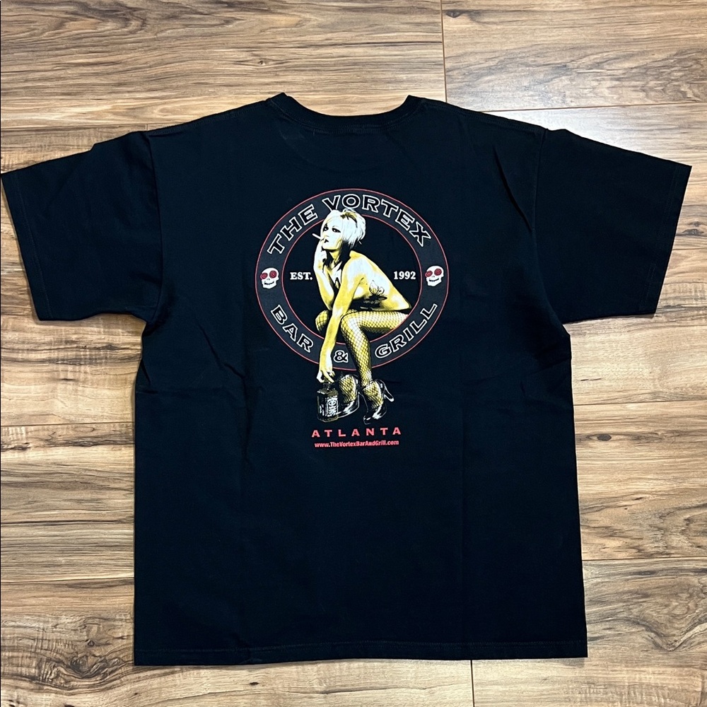 Black Graphic T-Shirt with Vortex Bar & Grill Design Sz L